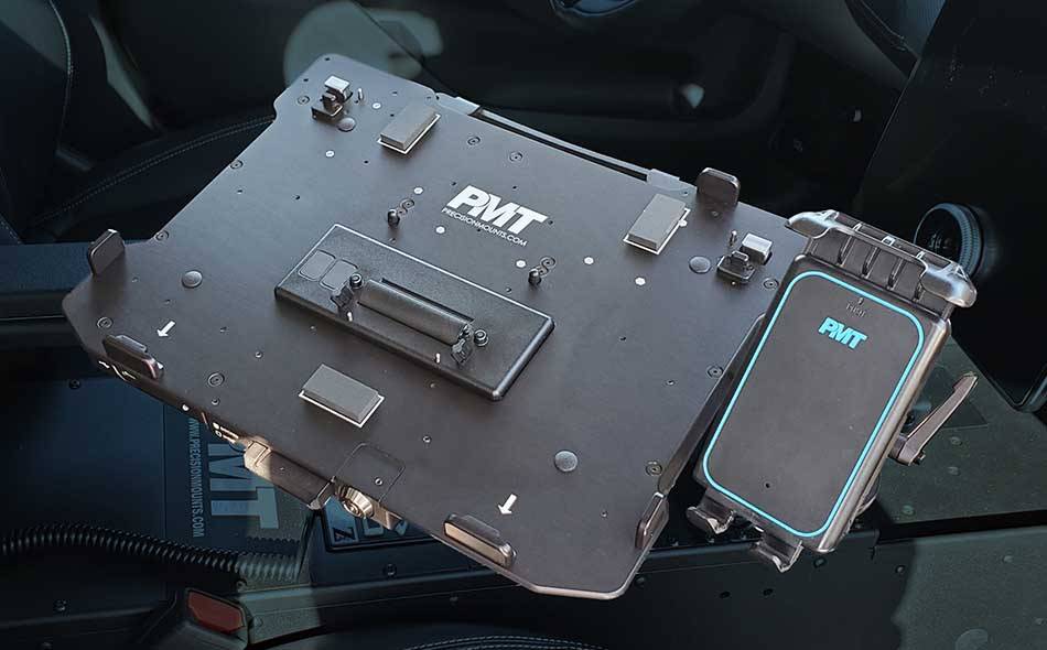 PMT Wireless Charging Phone Cradle attached to Display Screen Phone Mount Plate with Laptop Docking Station
